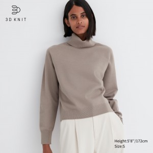 Beige Uniqlo 3d Knit Seamless Souffle Yarn Turtleneck Jumper | AIQMC-7602