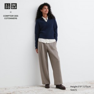 Beige Uniqlo Brushed Jersey Pleated Wide Leg Trousers Regular | KUPIX-7059