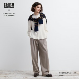 Beige Uniqlo Brushed Jersey Pleated Wide Leg Trousers Long | XNEJT-5978