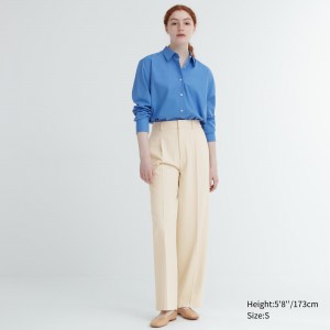 Beige Uniqlo Pleated Wide Leg Trousers Long | NHLBW-2841