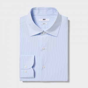 Blue Uniqlo Easy Care Stretch Slim Fit Striped Shirt Semi Cutaway Collar | NFXVU-7425