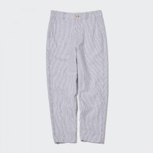 Blue Uniqlo Linen Cotton Blend Striped Tapered Trousers | UTFKC-0683