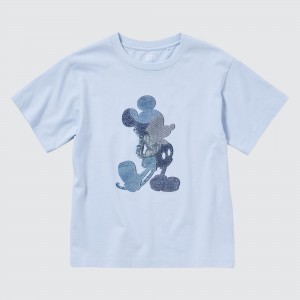 Light Blue Uniqlo Mickey Stands Ut Graphic T-Shirt | RXYIS-1958