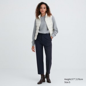 Navy Uniqlo Smart Brushed Striped Ankle Length Trousers | MWPZF-0718