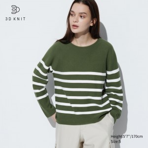 Olive Uniqlo 3d Knit Seamless Cotton Striped Crew Neck Jumper | NSBYH-3974