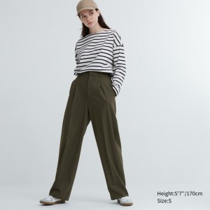 Olive Uniqlo Pleated Wide Leg Trousers | DKCQL-6751