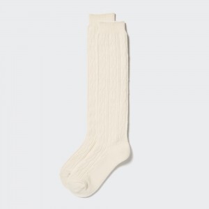 White Uniqlo Heattech Cable Knit High Thermal Socks | FZMGY-8691
