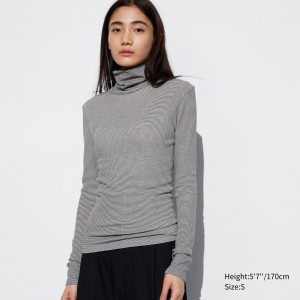White Uniqlo Heattech Extra Warm Seamless Ribbed Striped Turtleneck Long Sleeved Thermal Top | SROYI-1547