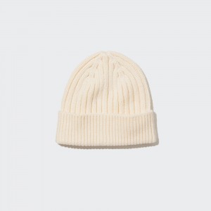 White Uniqlo Heattech Ribbed Beanie Hat | BIYDO-7903