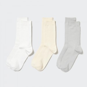 White Uniqlo Ribbed Socks Three Pairs | LKEOA-2705