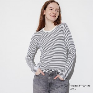 White Uniqlo Soft Ribbed Fitted Striped Crew Neck Long Sleeved T-Shirt | KRUXH-6738