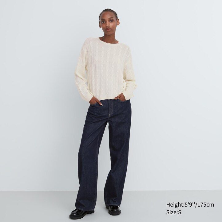 Beige Uniqlo 100pct Cashmere Cable Knit Crew Neck Cropped Jumper | SXTZC-2378
