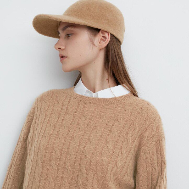 Beige Uniqlo 100pct Cashmere Cable Knit Crew Neck Cropped Jumper | SXTZC-2378