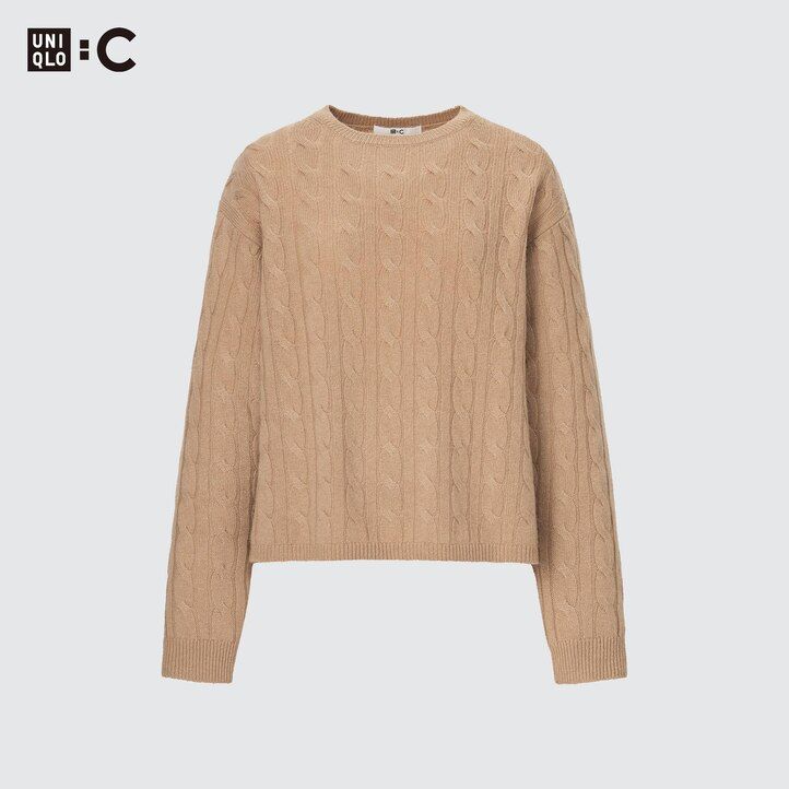Beige Uniqlo 100pct Cashmere Cable Knit Crew Neck Cropped Jumper | SXTZC-2378