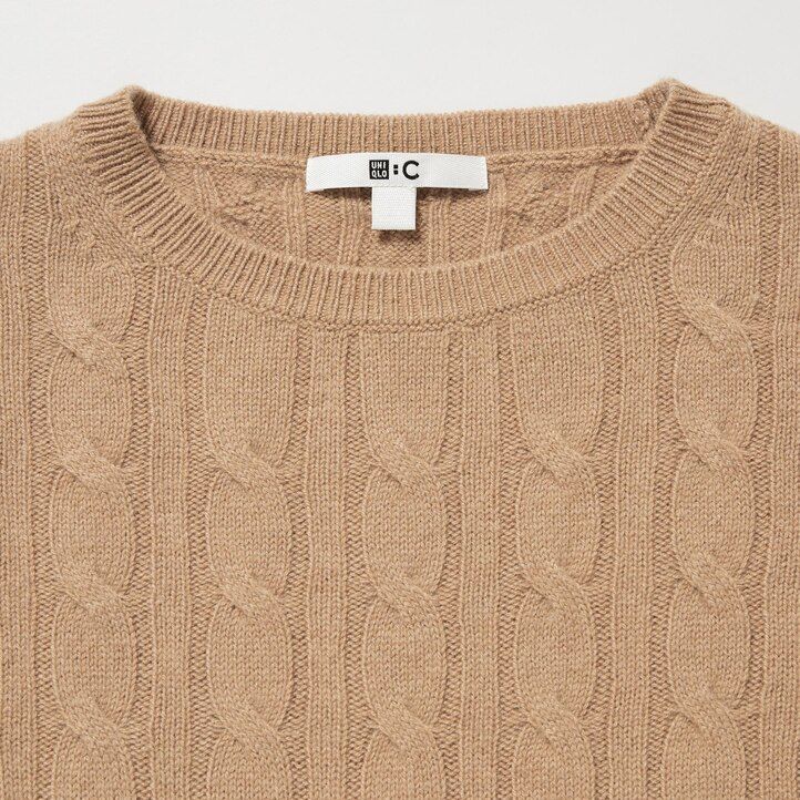 Beige Uniqlo 100pct Cashmere Cable Knit Crew Neck Cropped Jumper | SXTZC-2378