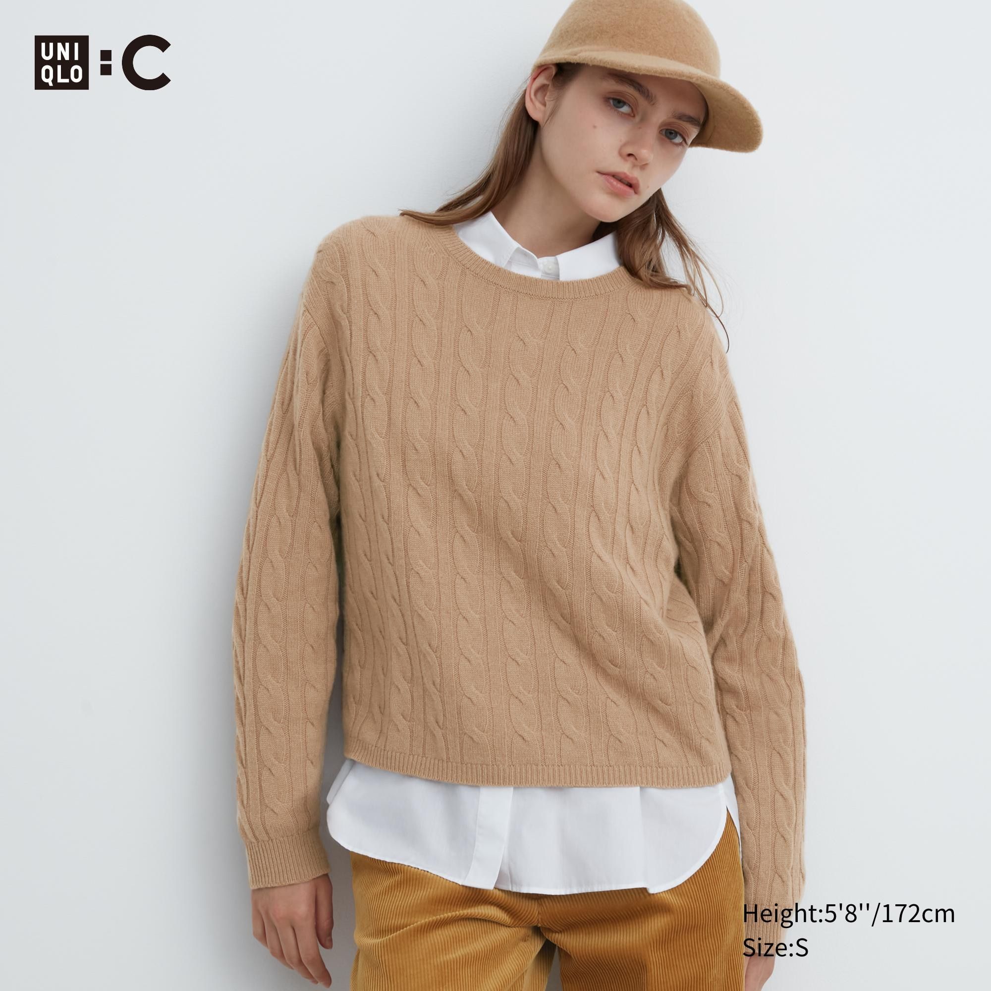 Beige Uniqlo 100pct Cashmere Cable Knit Crew Neck Cropped Jumper | SXTZC-2378