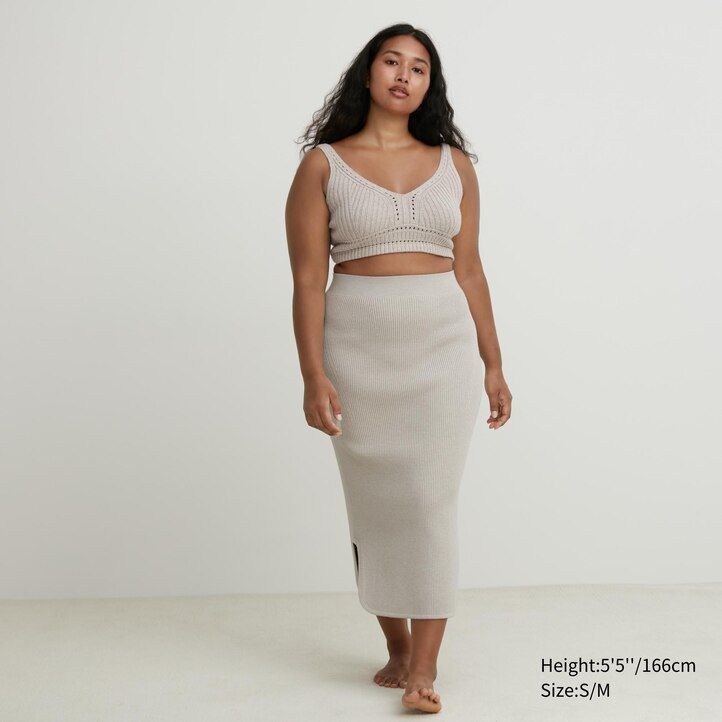Beige Uniqlo 3d Knit Seamless Souffle Yarn Ribbed Skirt | ICRFT-9042