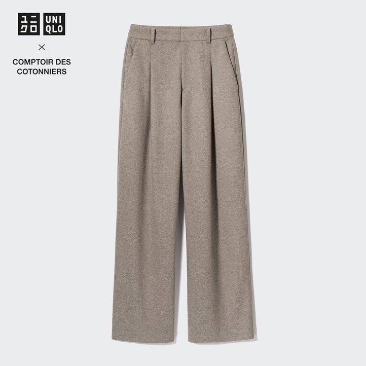 Beige Uniqlo Brushed Jersey Pleated Wide Leg Trousers Long | XNEJT-5978