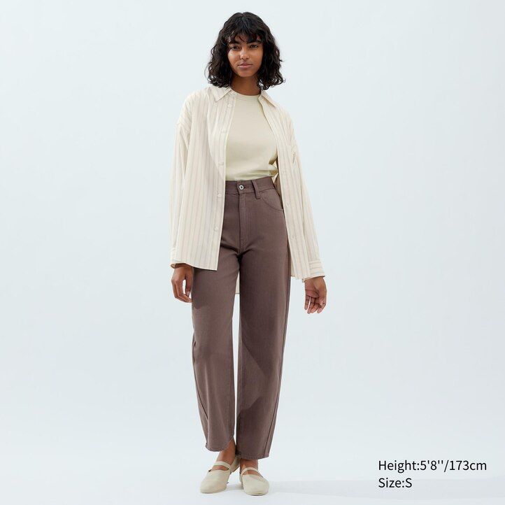 Beige Uniqlo Drape Striped Long Sleeved Shirt | YBJFX-1409