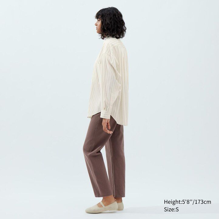 Beige Uniqlo Drape Striped Long Sleeved Shirt | YBJFX-1409