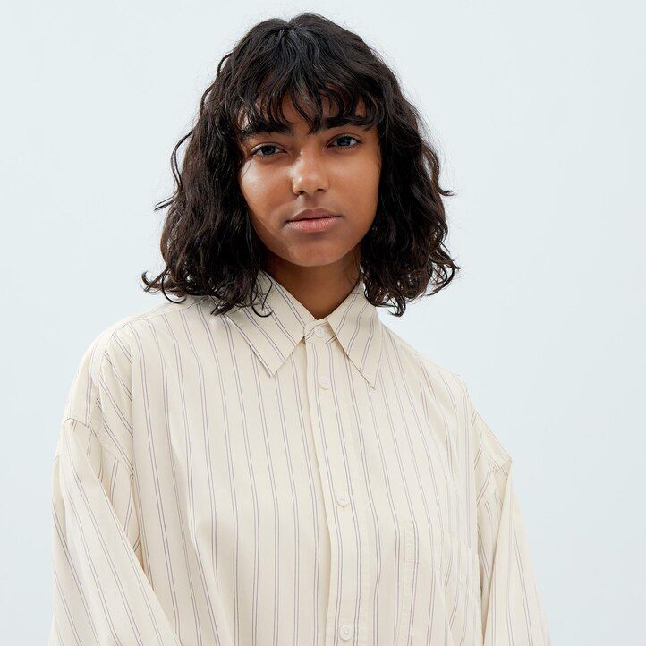 Beige Uniqlo Drape Striped Long Sleeved Shirt | YBJFX-1409