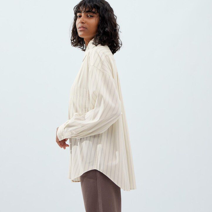 Beige Uniqlo Drape Striped Long Sleeved Shirt | YBJFX-1409