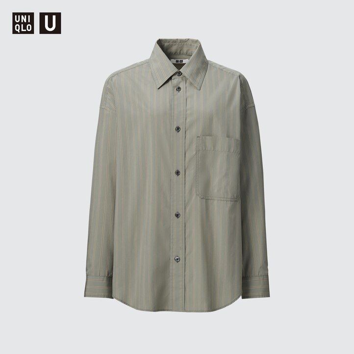 Beige Uniqlo Drape Striped Long Sleeved Shirt | YBJFX-1409