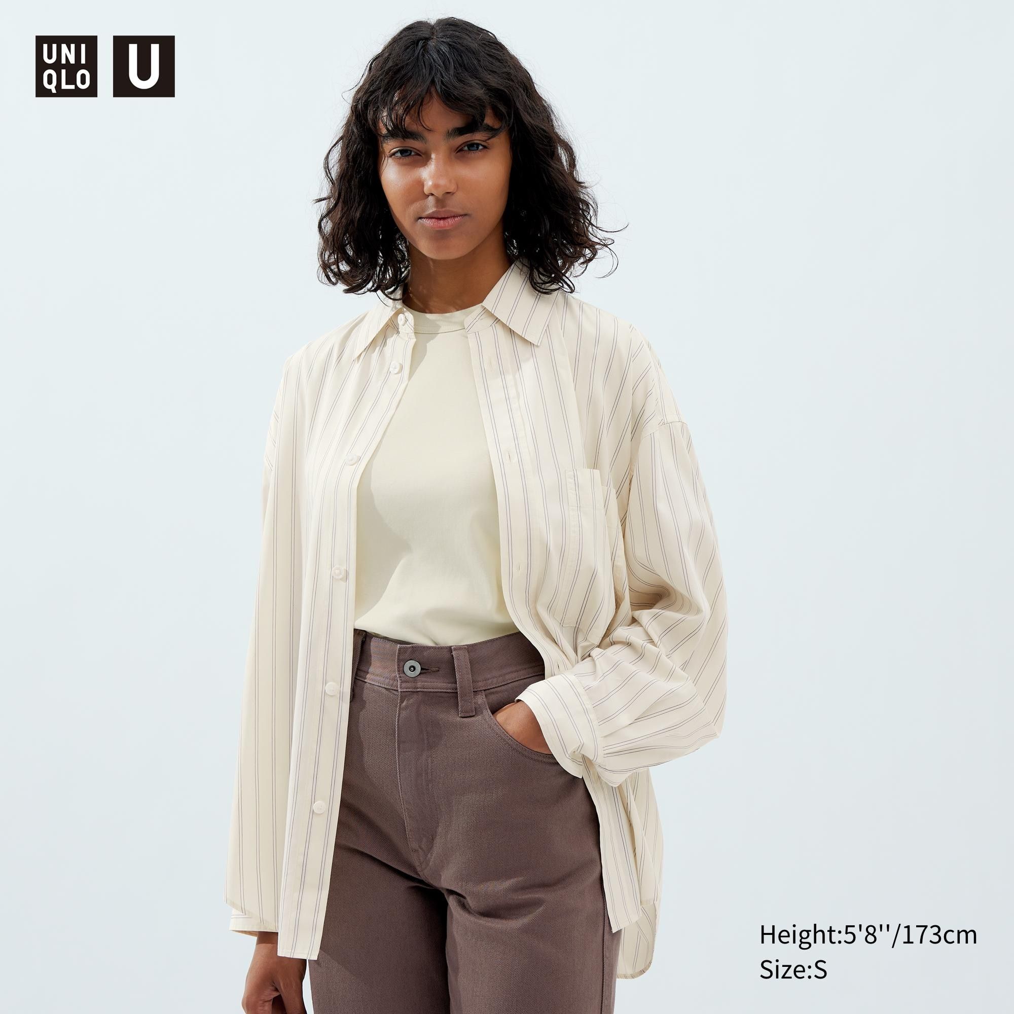 Beige Uniqlo Drape Striped Long Sleeved Shirt | YBJFX-1409