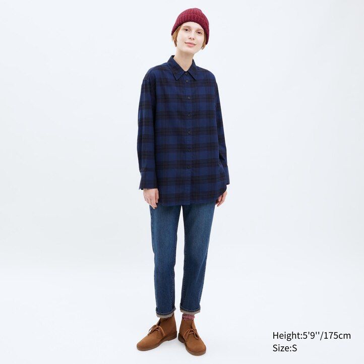 Beige Uniqlo Flannel Checked Longline Shirt | JWZSX-8657