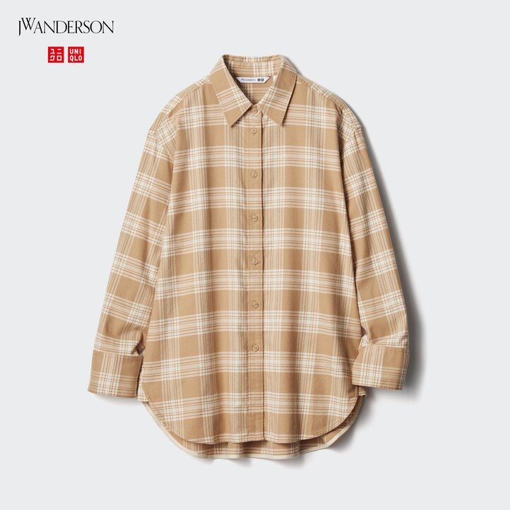 Beige Uniqlo Flannel Checked Longline Shirt | JWZSX-8657