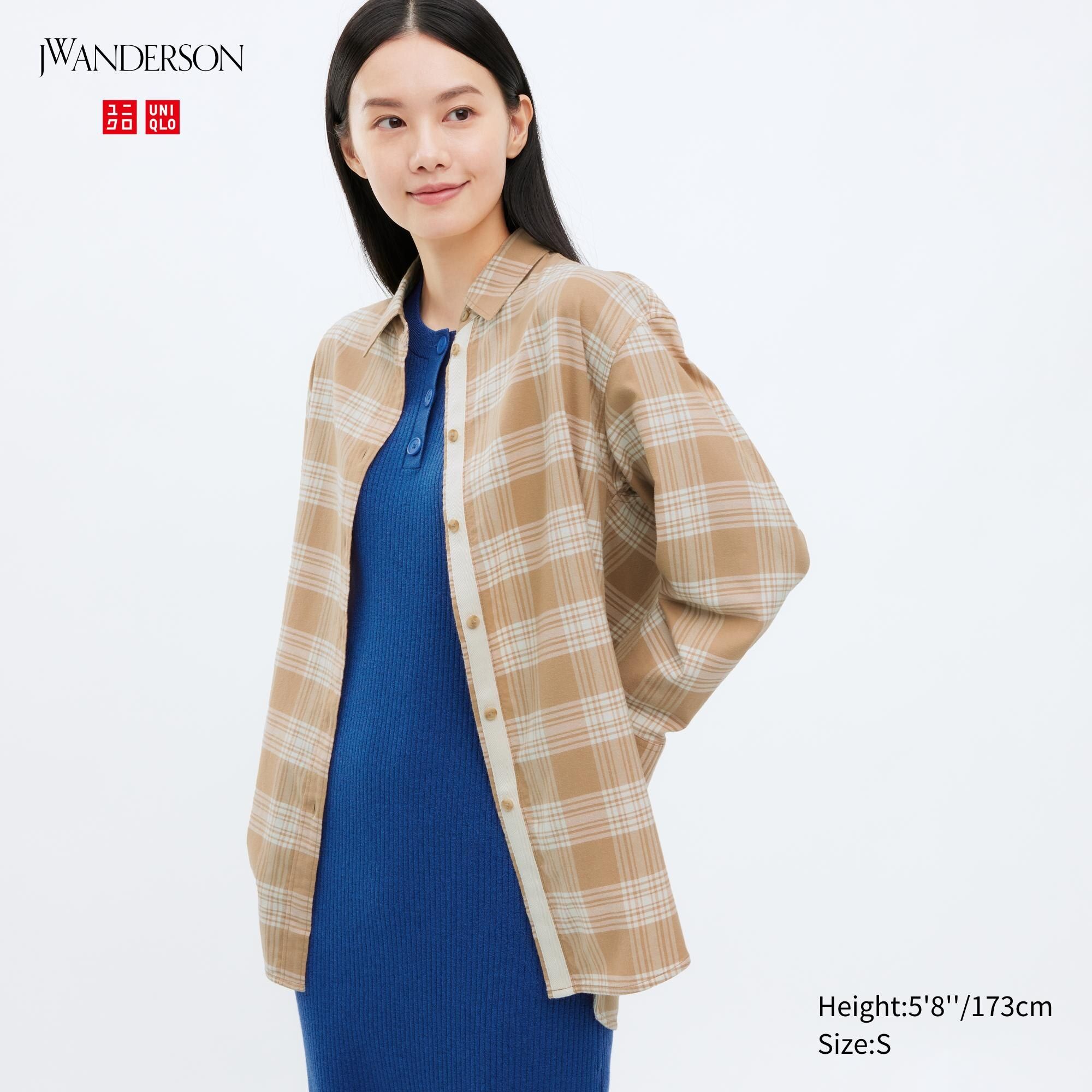 Beige Uniqlo Flannel Checked Longline Shirt | JWZSX-8657