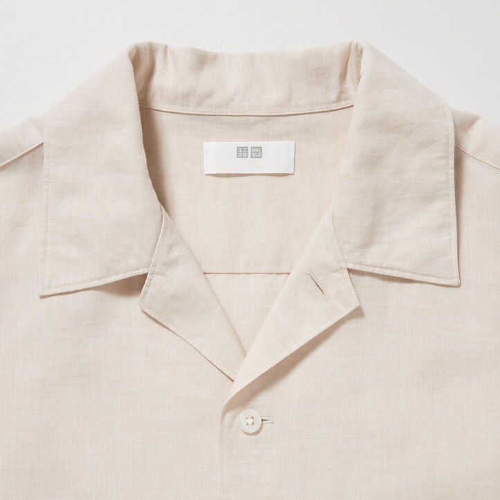 Beige Uniqlo Linen Blend Short Sleeved Shirt Open Collar | AEZBL-9270