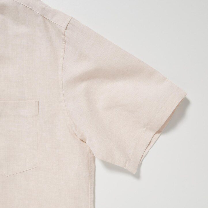 Beige Uniqlo Linen Blend Short Sleeved Shirt Open Collar | AEZBL-9270