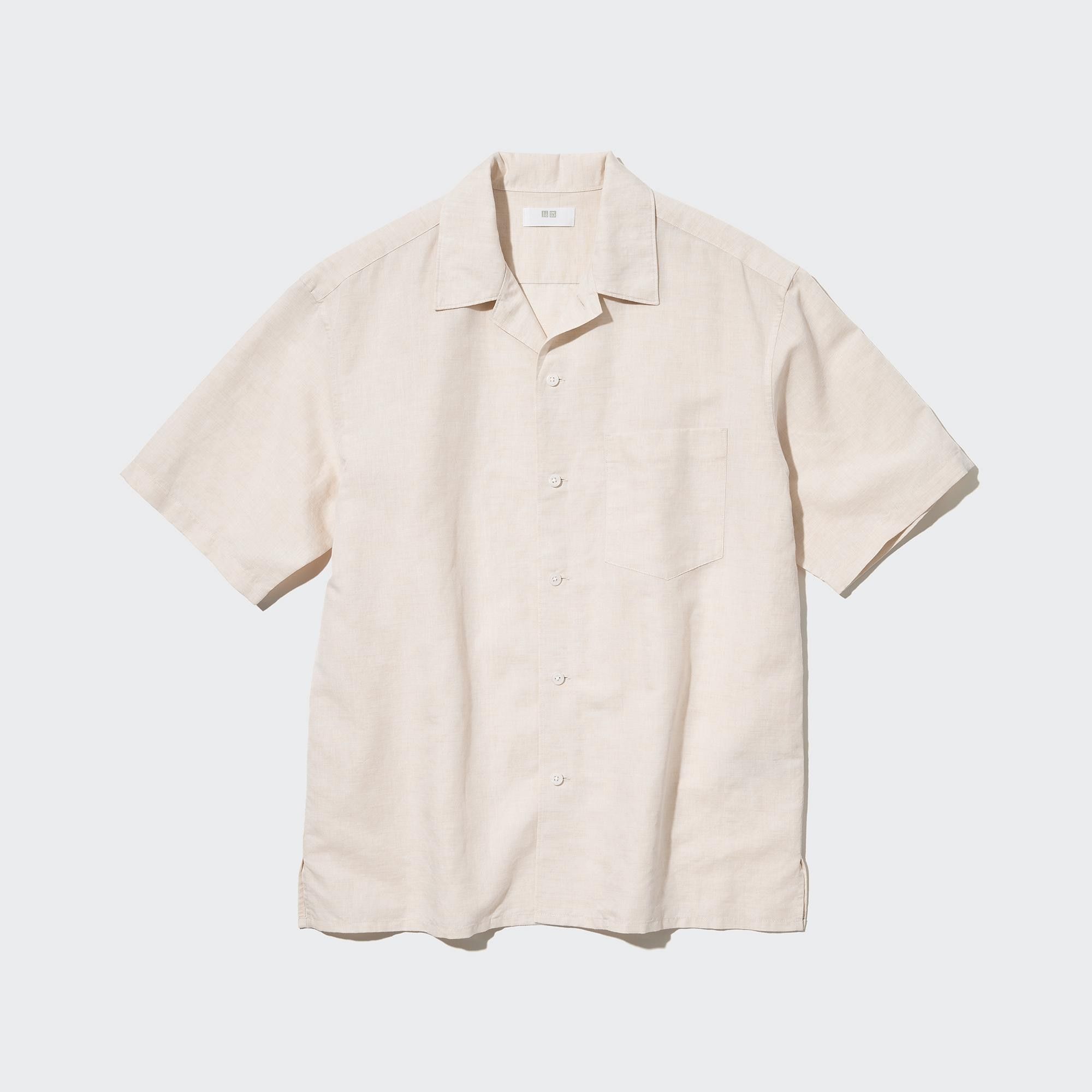 Beige Uniqlo Linen Blend Short Sleeved Shirt Open Collar | AEZBL-9270