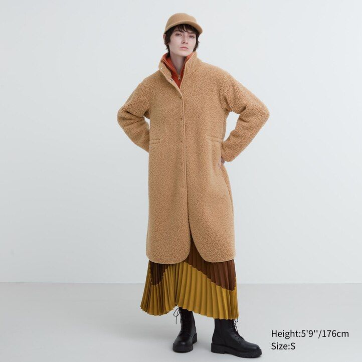Beige Uniqlo Pile Lined Fleece Stand Collar Coat | SYIFB-3625