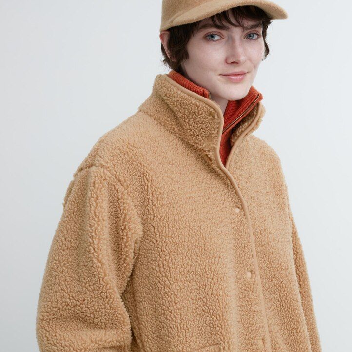 Beige Uniqlo Pile Lined Fleece Stand Collar Coat | SYIFB-3625