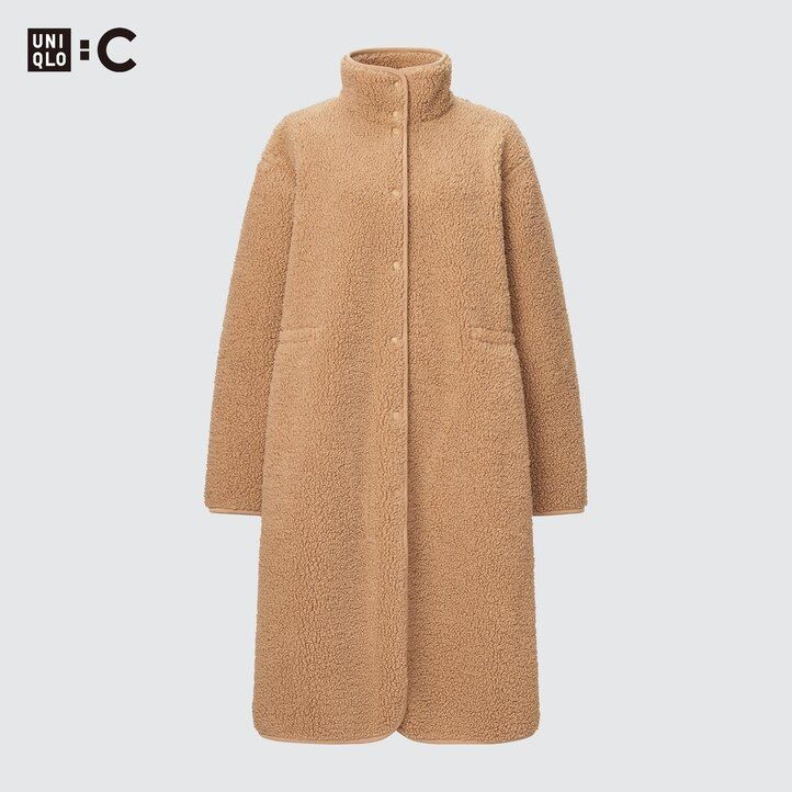Beige Uniqlo Pile Lined Fleece Stand Collar Coat | SYIFB-3625
