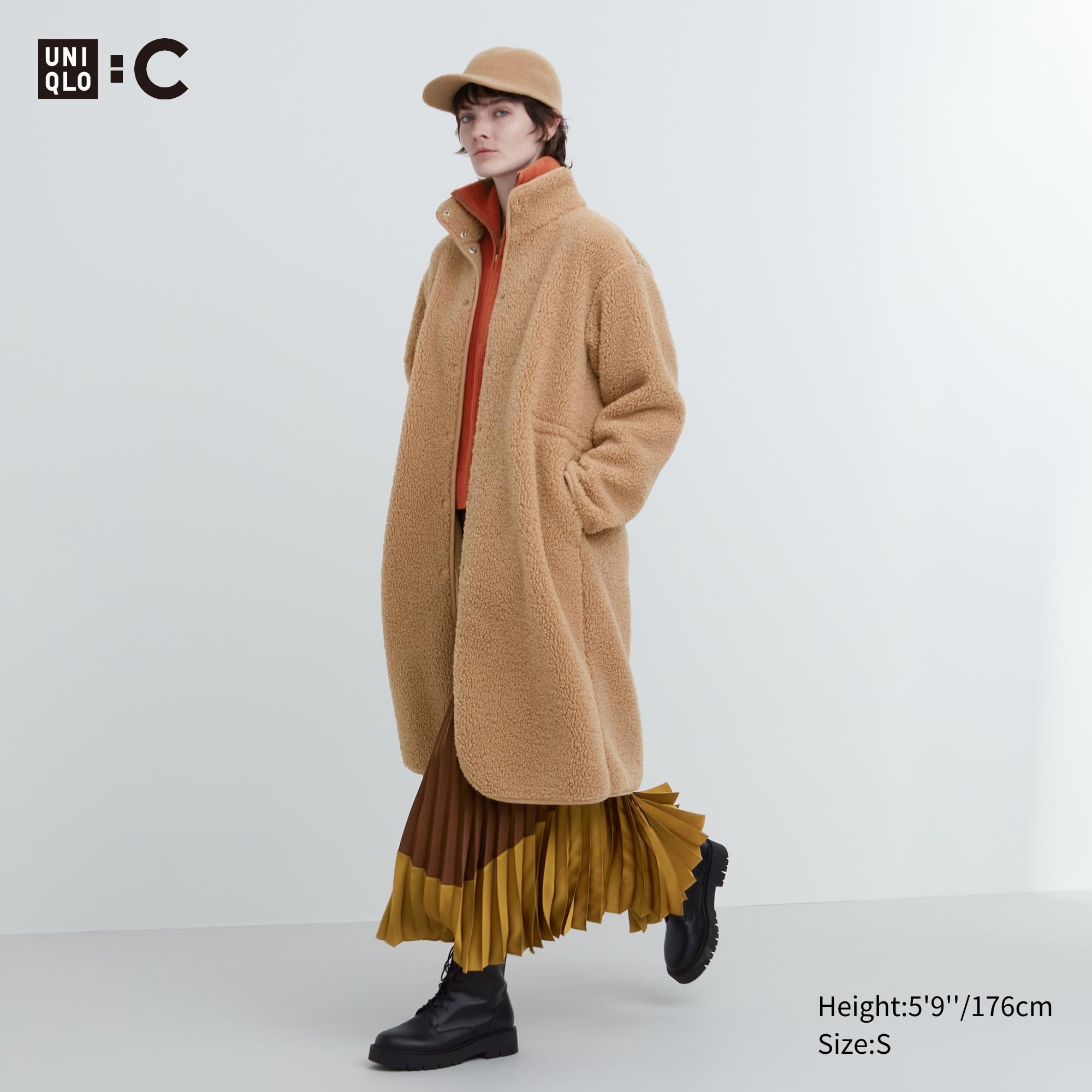 Beige Uniqlo Pile Lined Fleece Stand Collar Coat | SYIFB-3625