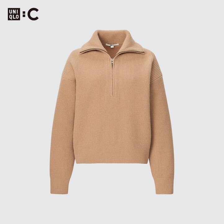Beige Uniqlo Premium Lambswool Half Zipped Jumper | UTKLR-8417