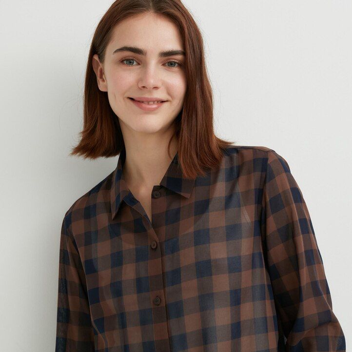 Beige Uniqlo Sheer Cotton Checked Shirt | VSAZX-8509