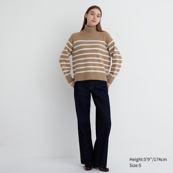 Beige Uniqlo Souffle Yarn Striped High Neck Jumper | ESGCH-4701