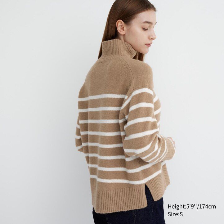 Beige Uniqlo Souffle Yarn Striped High Neck Jumper | ESGCH-4701