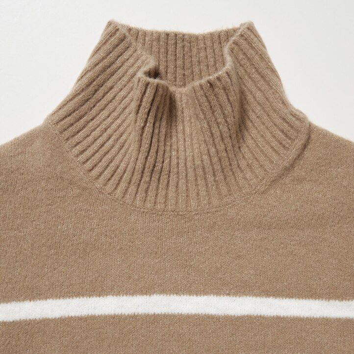 Beige Uniqlo Souffle Yarn Striped High Neck Jumper | ESGCH-4701