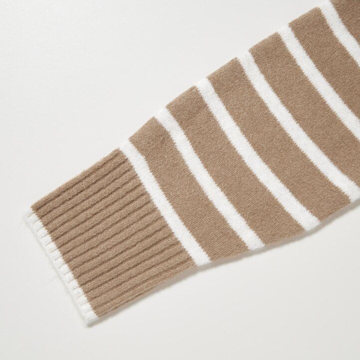 Beige Uniqlo Souffle Yarn Striped High Neck Jumper | ESGCH-4701