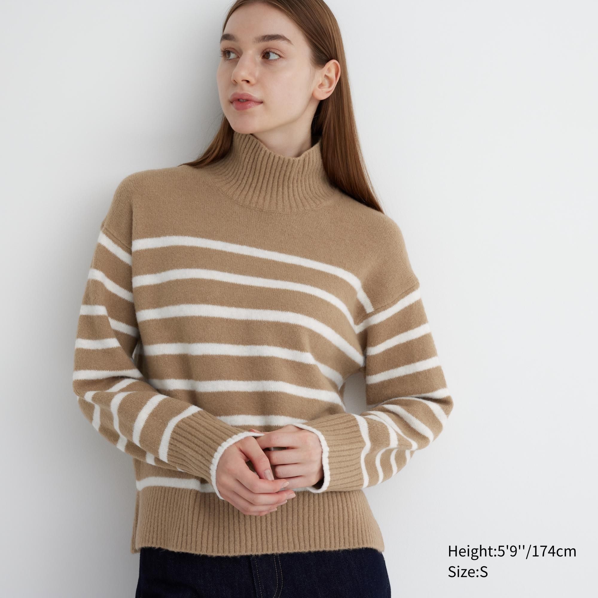 Beige Uniqlo Souffle Yarn Striped High Neck Jumper | ESGCH-4701