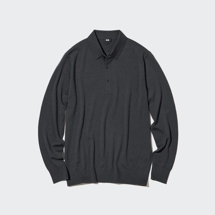 Black Uniqlo 100pct Extra Fine Merino Knit Long Sleeved Polo Shirt | NRZWS-0863
