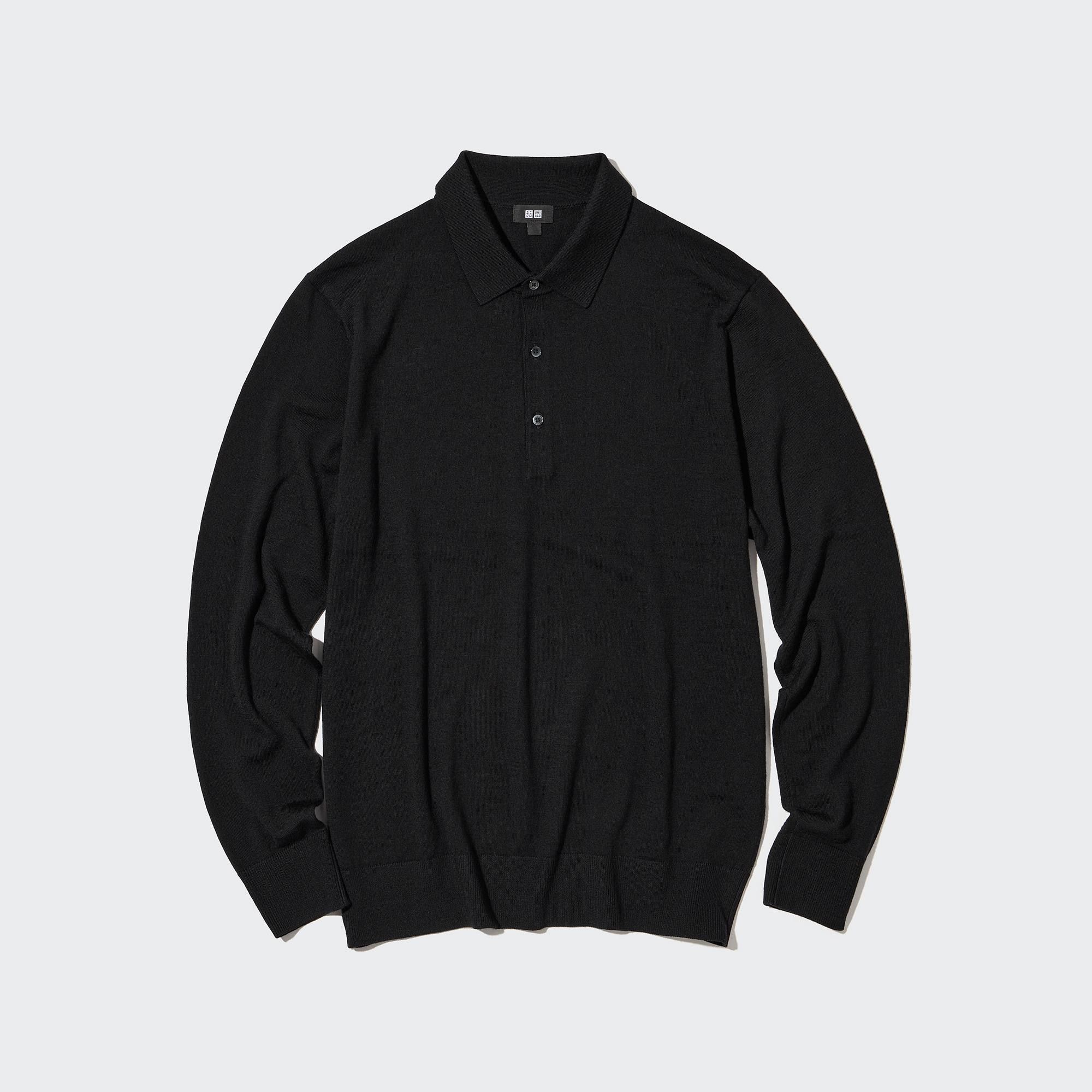 Black Uniqlo 100pct Extra Fine Merino Knit Long Sleeved Polo Shirt | NRZWS-0863