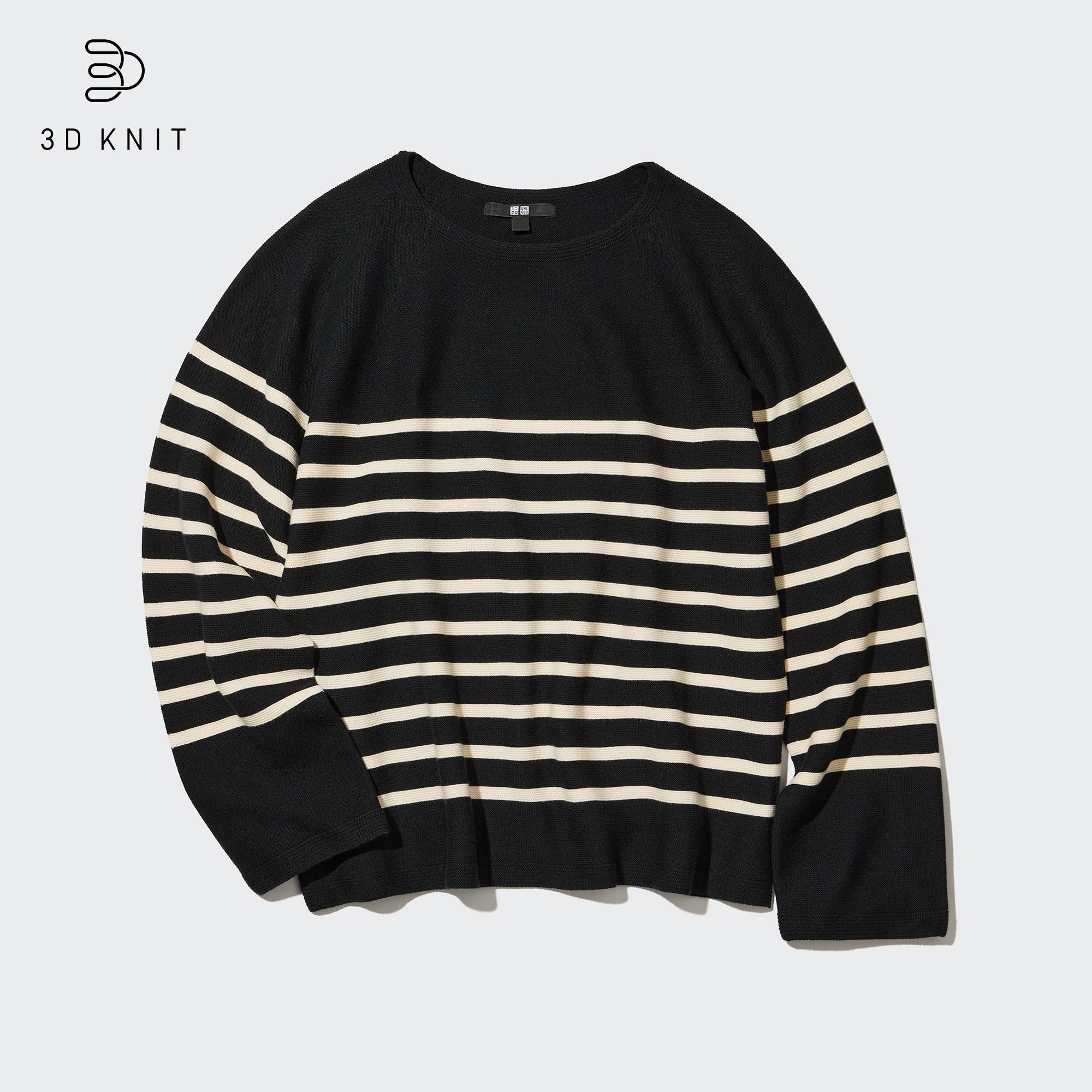 Black Uniqlo 3d Knit Seamless Cotton Striped Crew Neck Jumper | JZBOH-0187