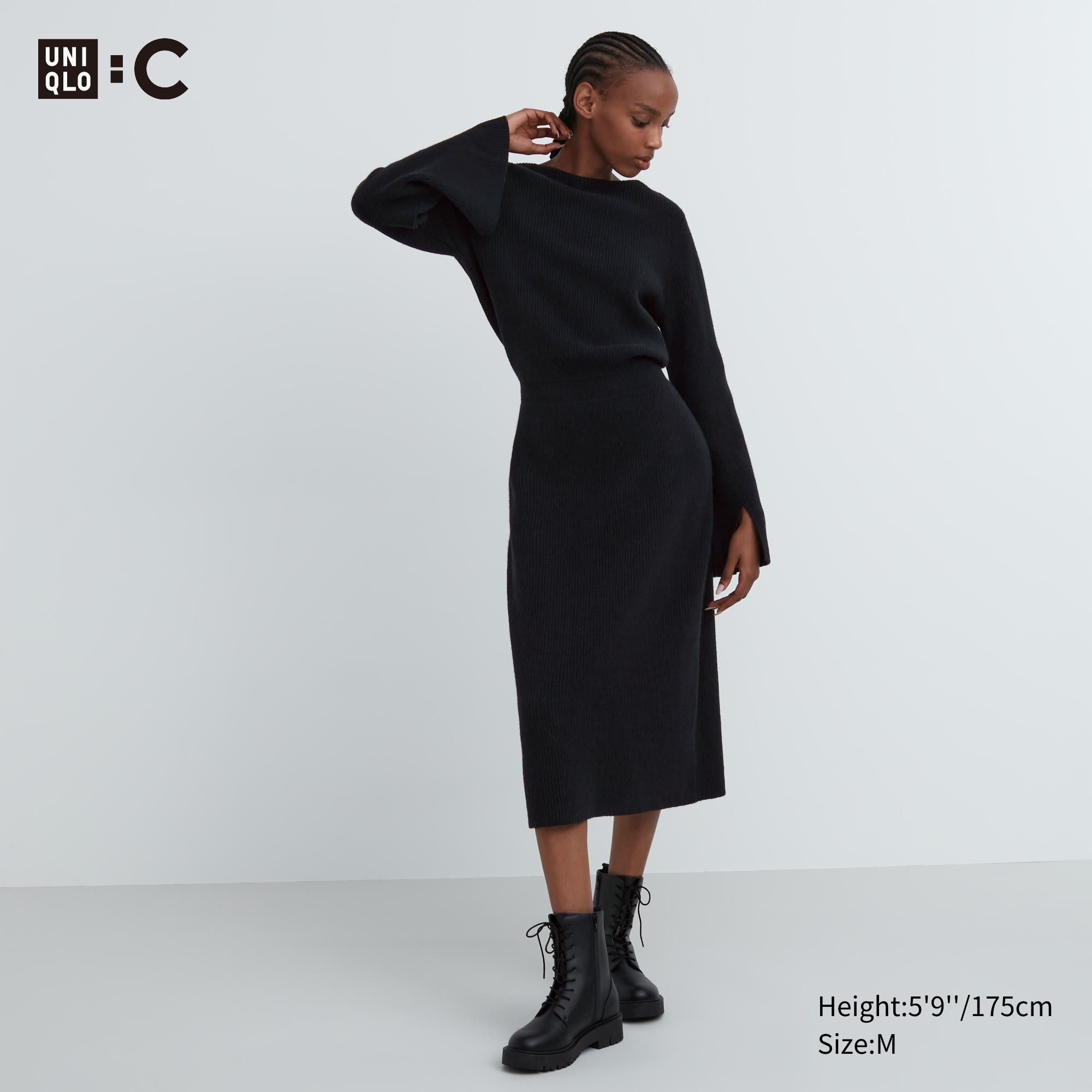 Black Uniqlo Boat Neck Long Sleeved Knitted Dress | DGOZU-1089