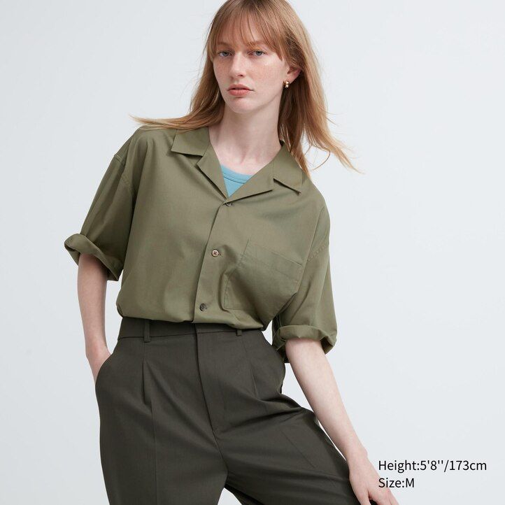 Black Uniqlo Cotton Blend Casual Short Sleeved Shirt Open Collar | UMNKD-5904